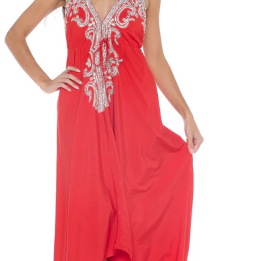 Chic Red Embellished Maxi Dress